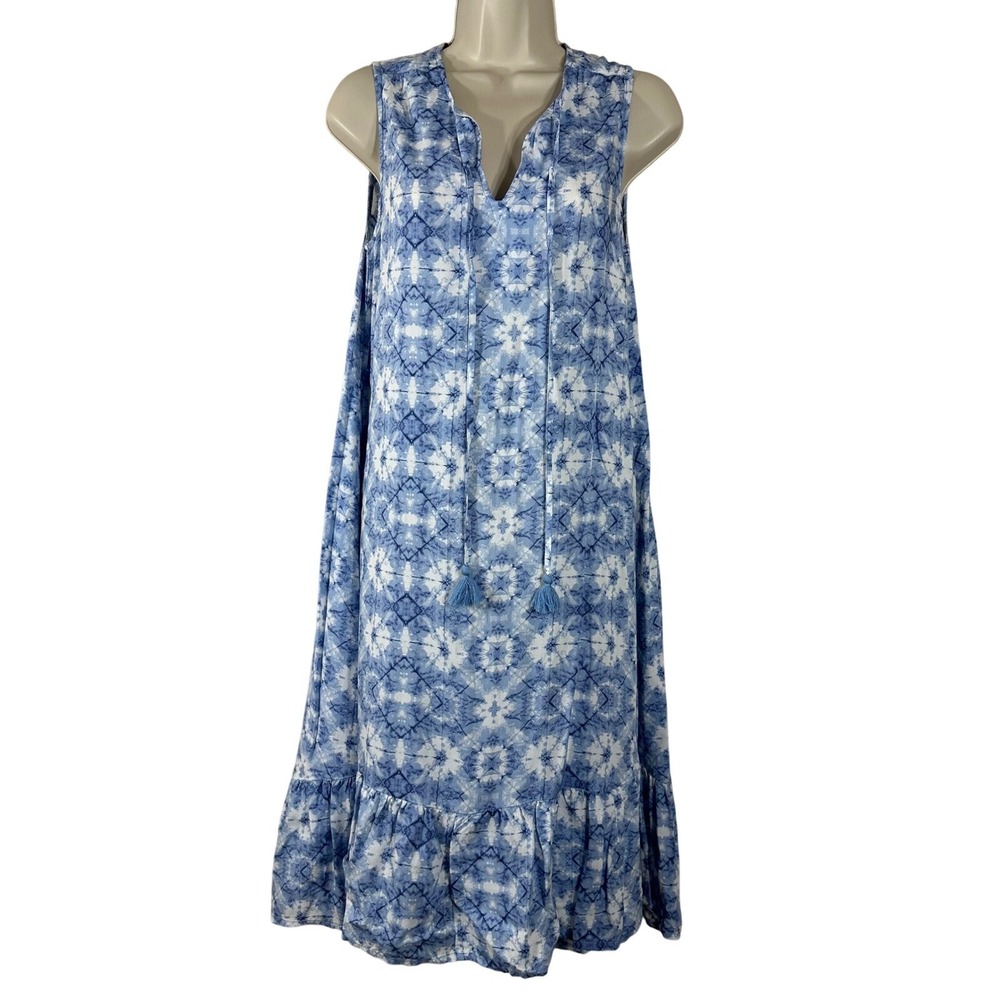 BeachLunchLounge Blue White Tie Dye Shibori Ruffle Hem Tassel Dress XS Womens